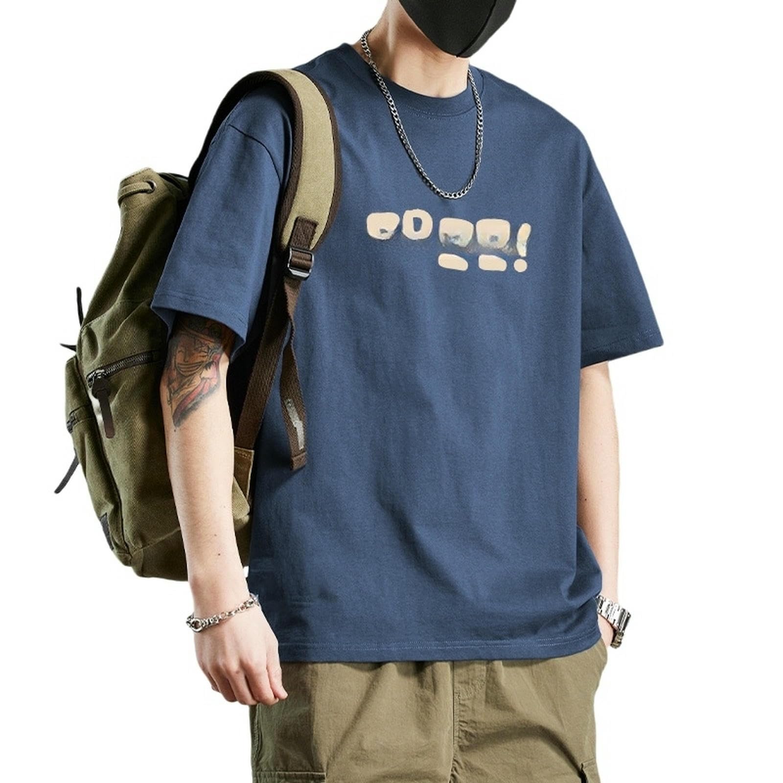 T-shirt męski letni luźny All-Match T-shirt z krótkim rękawem z prostymi nadrukami szaro-niebieski-m