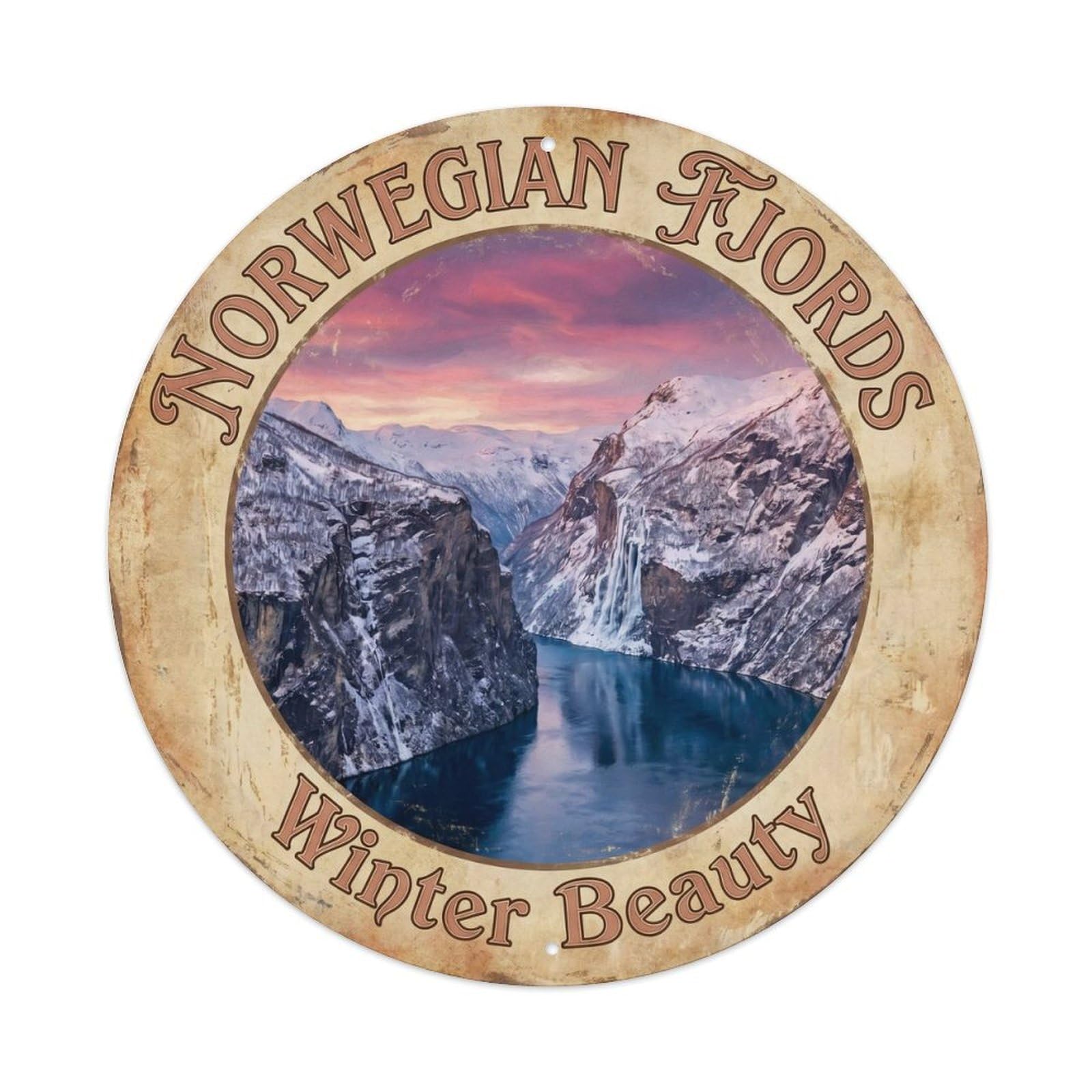 Vintage Travel Norwegian Fjords Winter Metal Tin Sign Plaque Wall Decor for Cafe, Club, Garden Round Metal Poster 8x8Inch