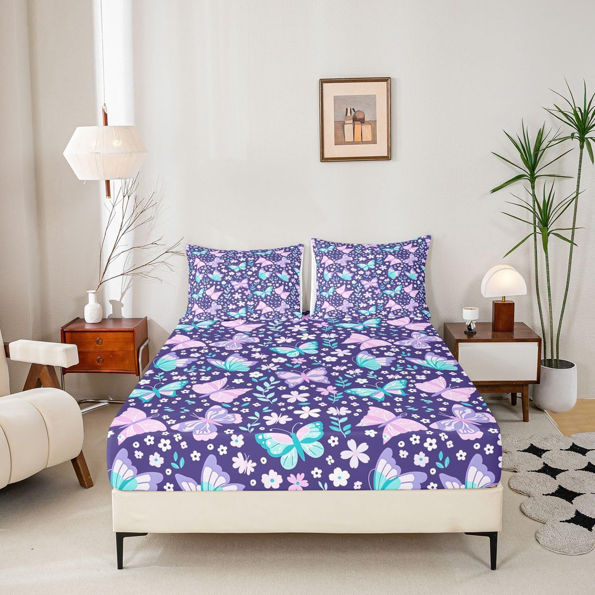 Homemissing Sábana bajera ajustable con 2 fundas de almohada, tamaño King, con estampado de mariposas moradas de 16 pulgadas de profundidad, sábana bajera ajustable para niños y niñas, bonita ropa de