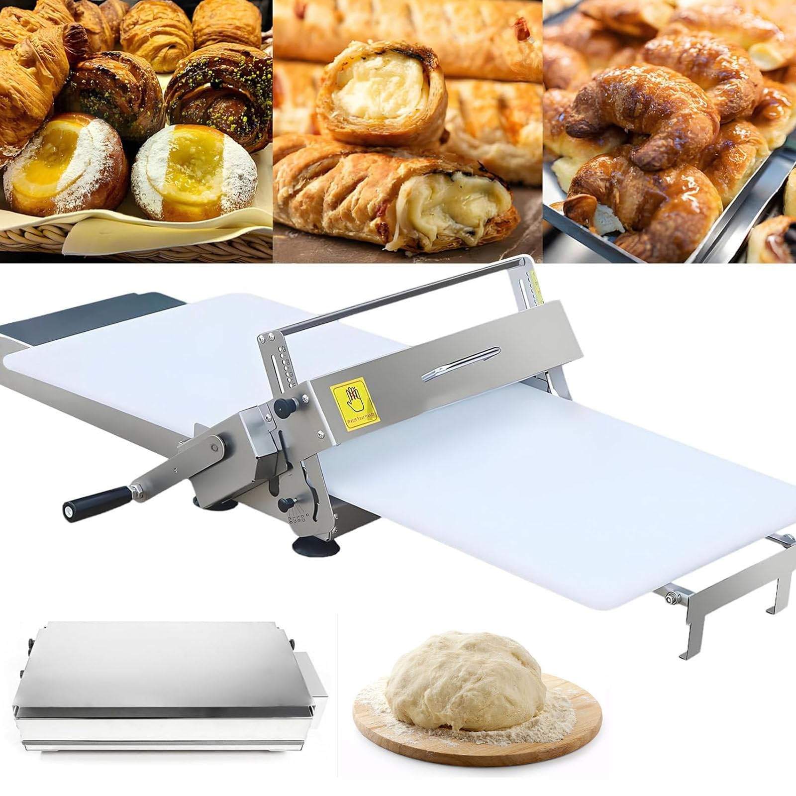 Laminadora manual de masa, máquina de rodillos de acero inoxidable, ajustes de grosor ajustables para masa de hojaldre de panadería