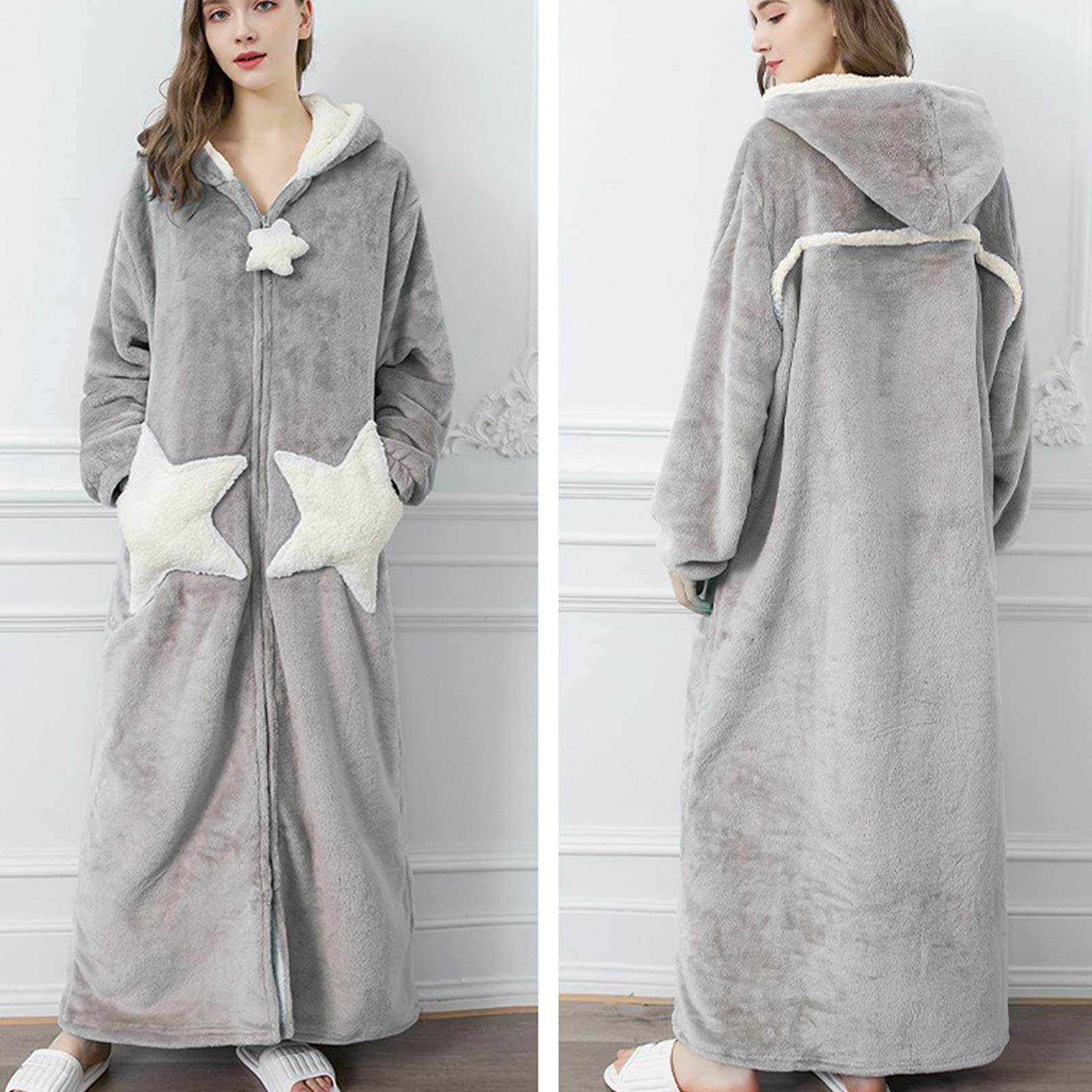 Bata larga de forro polar para mujer, albornoz de franela de forro polar para invierno, cárdigan grueso, kimono de felpa, bonito abrigo, bata de baño, camisón con cremallera, ropa de dormir