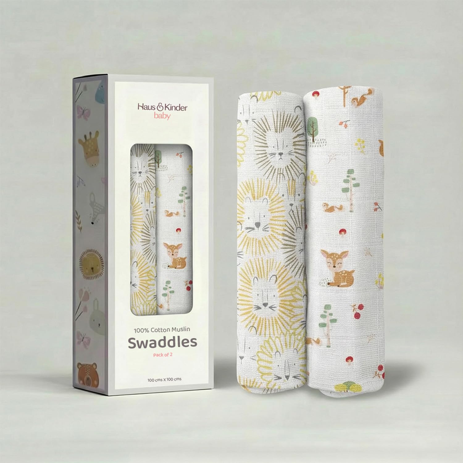 haus & kinder Jungle Collection 100% Cotton Muslin Swaddle Wrap for New Born Baby Boy & Girl,Soft Swaddle Cloth for New Born Set,Baby Swaddle Wrap for New Born,100x100cm,2Pcs(Lion,Woodland),Assorted