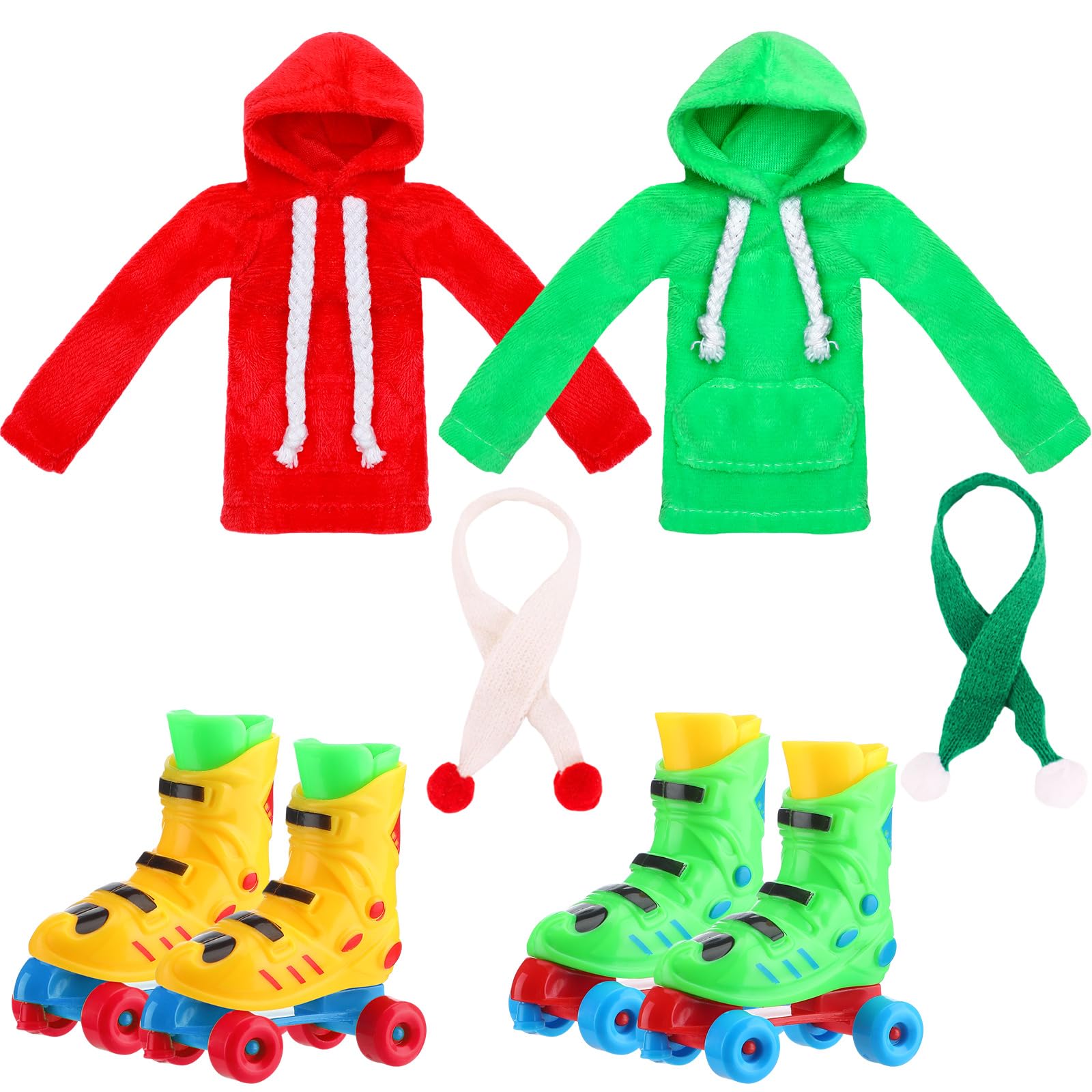 Meooeck6 Pieces Christmas Elf Accessories Set Including 2 Holiday Elf Clothes Outfit, and 4 Novelty Toy Accessories for Kid(Roller Skates)