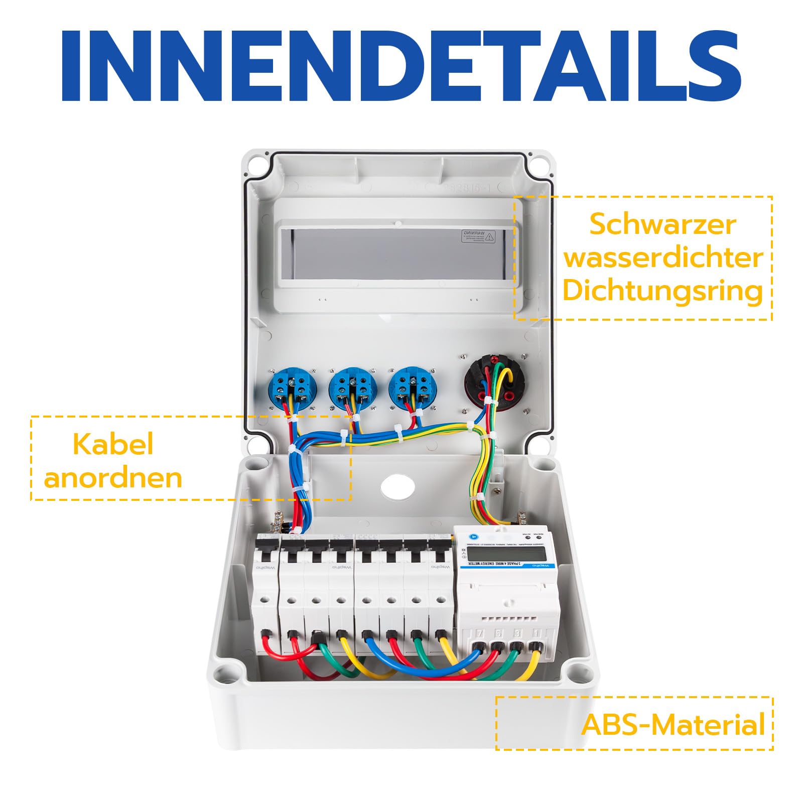Distributore di corrente da costruzione con contatore di corrente, 3 fasi, 40 A, 230 V, con presa CEE 16 A, distributore di corrente per cantieri, industria, giardini (40 A 4P LS+40 A 1P LS+