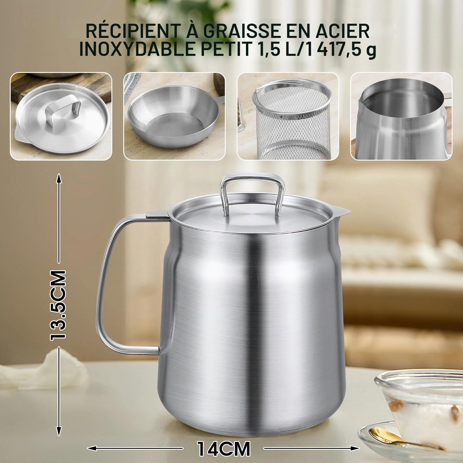 Pot de filtre à huile en acier inoxydable 304 avec panier filtrant et maille, couvercle anti-poussière et plateau antidérapant avec poignée pour stocker, frire et graisse de cuisson (2 L)