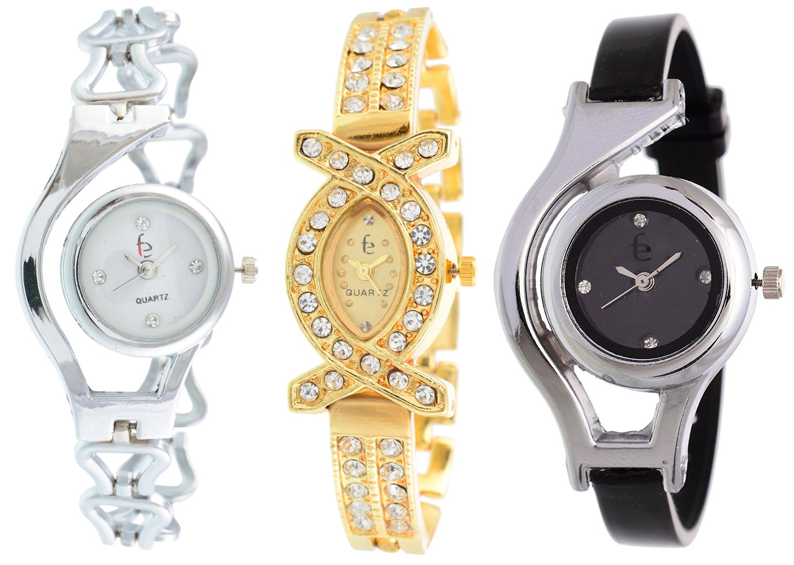 Freny Exim Set of 3 Silver Colour Chain STRP Golden Diamond Studded Bracelet Strap with Soft Black Strap Fancy and Attractive Womens Watches for Girls (B07B4C22Q4) Amazon Price History, Amazon Price Tracker