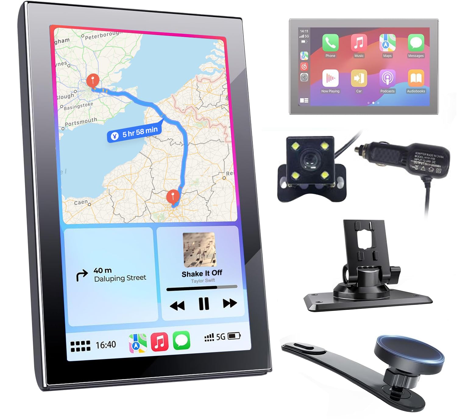 Écran Portable 7 Pouces pour Apple CarPlay et Android Auto | Écran Orientable avec Caméra de Recul, Mirrorlink, Mises à Jour OTA, Commande Vocale Bluetooth
