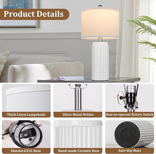 Miniatura 4 de TOBUSA Juego de 2 lámparas modernas de cerámica blanca de 23.5 pulgadas, lámparas de mesa auxiliares retro para sala de estar, mesita de noche de