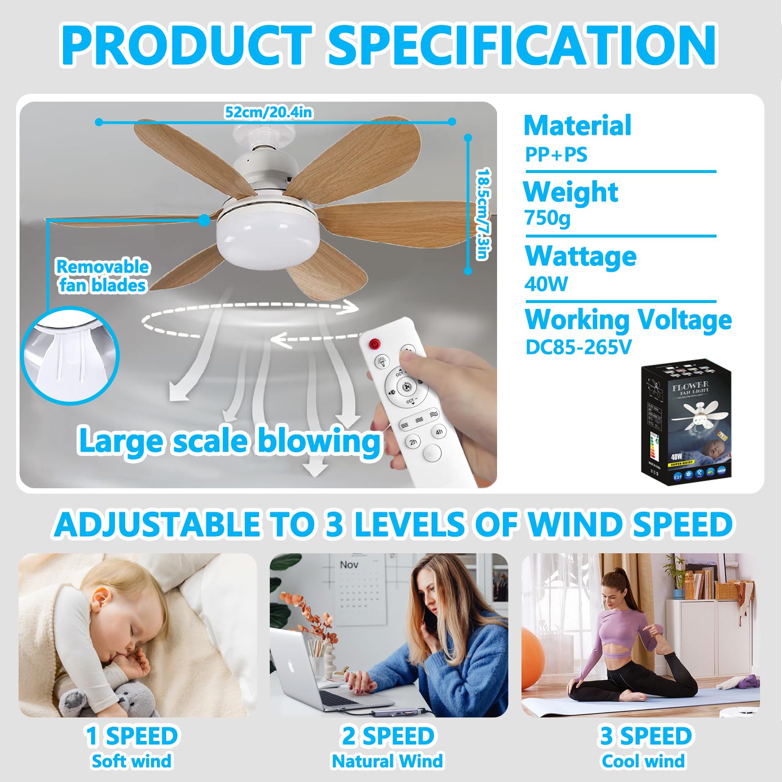 PZCC Ventilateur Plafond, Ventilateur Silencieux Plafond, 40W Lampe Ventilateur Plafond avec Douille E27, 6 Pales, 3 Vitesses, Silencieux, pour Salon, Chambre, Coucher (Grain de bois)