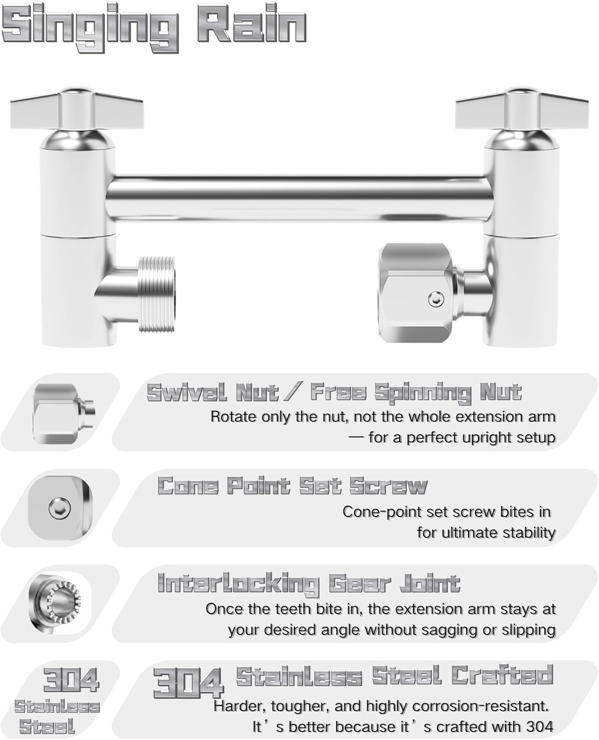 5 Inch Adjustable Shower Head Extension Arm, With Locking Set Screw, Singing Rain 304 Stainless Steel Chrome Angle Height Adjustable, Easy Install, G1/2 Universal Connector Compatible (Chrome Finish)