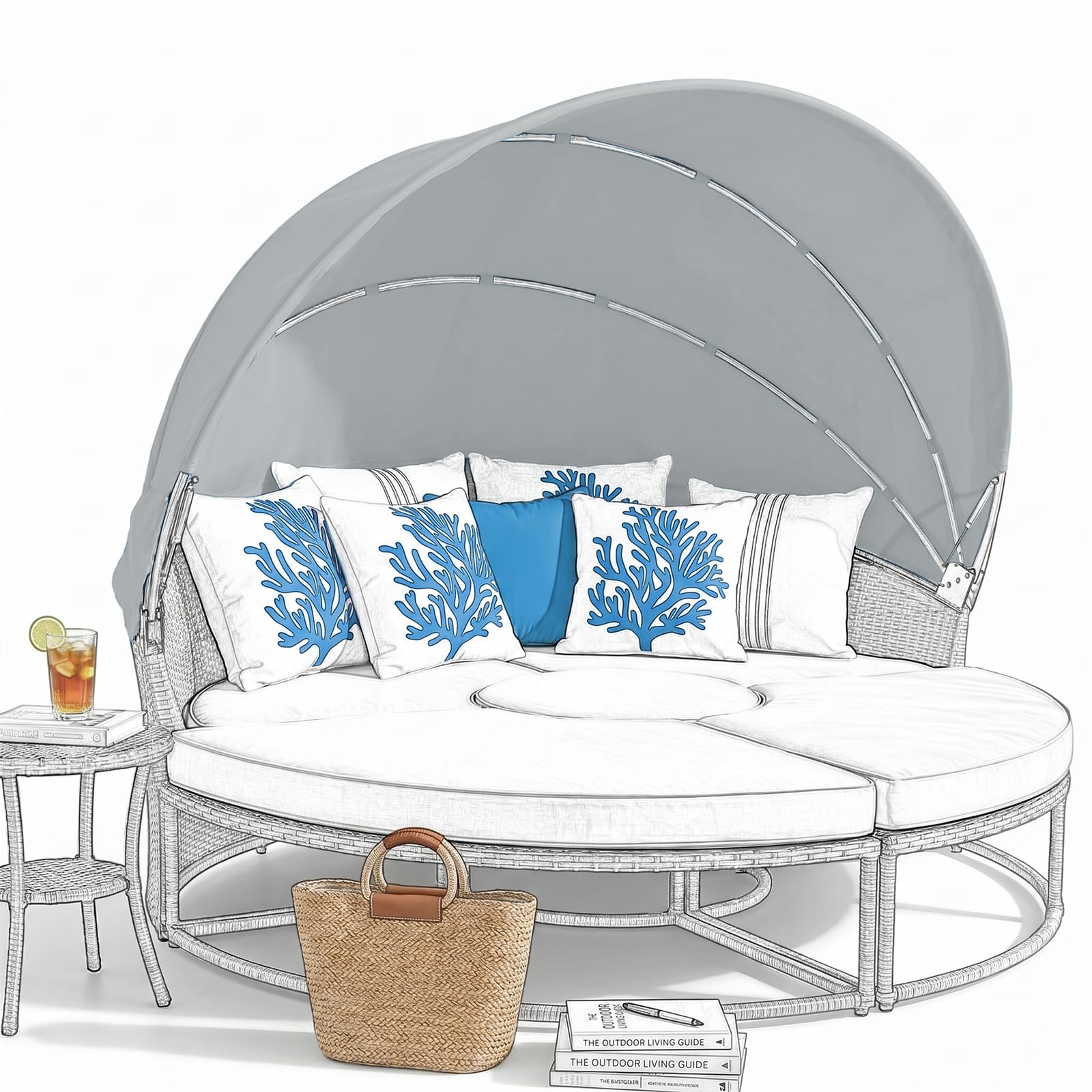 LR68HFT Replacement Canopy for Patio Round Daybed Applicable to Dia 200-220cm, Retractable Top Cover for Outdoor Sunbed, Sun-Resistant and Water-Repellent, Quick Installation (Light Gray)