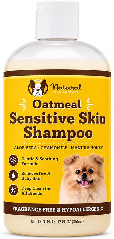 Sensitive Skin Dog Shampoo – Hypoallergenic Oatmeal Anti Itch Shampoo for Dogs, Gentle Puppy & Dog Wash with Aloe Vera, Manuka Honey & Chamomile, Odor Control, 12 oz