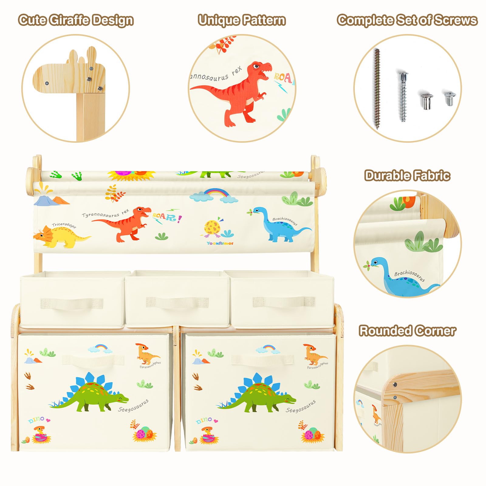 Bibliothèque Enfant avec 1 Porte-Livres en Tissu et 5 Bacs de Rangement, Meuble de Chambre 3 Étagères pour Jouets, Chambre Bébé, Salle de Jeu ou Classe, Dinosaure