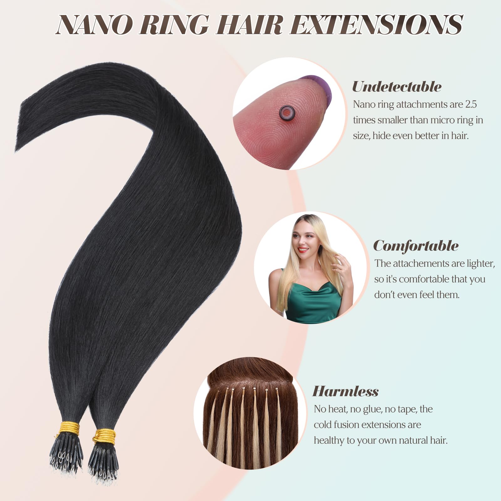 Benehair Nano Loop Hair Extensions Soft Invisible Straight Real Remy Human Hair #1 Jet Black Nano Bead Extensions 50 Strands - Image 2