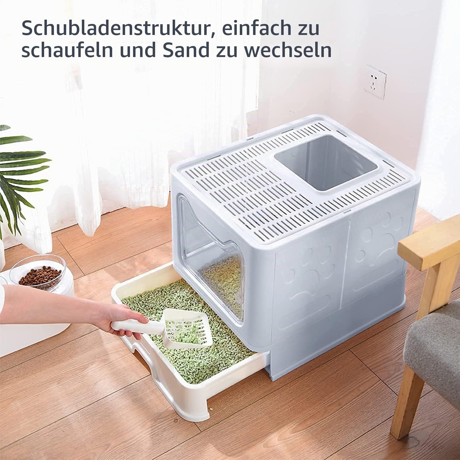 Katzentoilette|Faltbar Katzenklo mit Deckel|Inklusive Scoop-Massage-Kamm-Bürste-Haustier-Silikon-Shampoo-Bürste|Feder-Teaser-Katzenspielzeug-Große Kapazität,Leicht zu Reinigen（51X41X38CM）