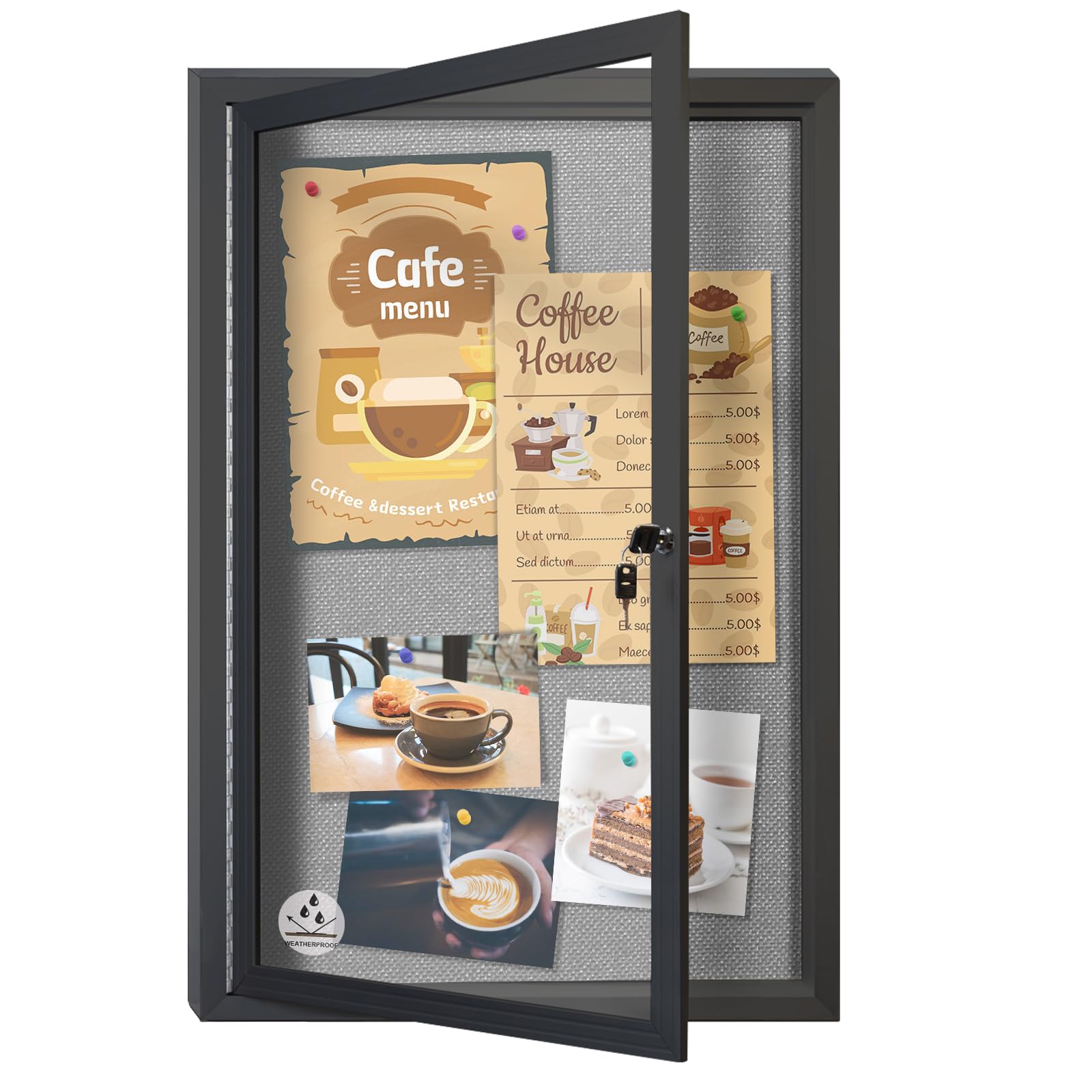 Outdoor Weatherproof Enclosed Fabric Bulletin Board,Noticeboard Case with Lockable Glass Door, Grey Felt,Black Aluminum Frame, 36x24 Inch (5xA4)