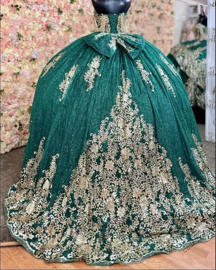 Saprkly Gold Florla Appliques Strapless Quinceanera Dresses Princess Puffy Ball Gowns Formal Dress 20252