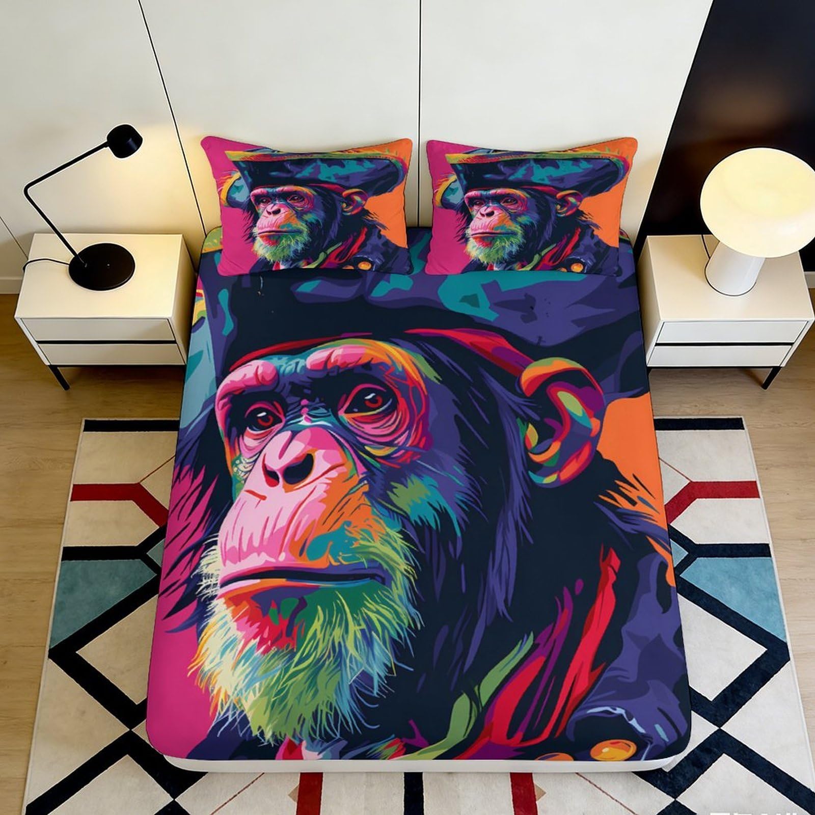 3D Printed Colorful Chimpanzee Fitted Sheet Microfiber Soft Breathable Artistic Monkey Bed Cover for Bedroom Dormitory Guest Room Mattress Protection 120x200x25cm