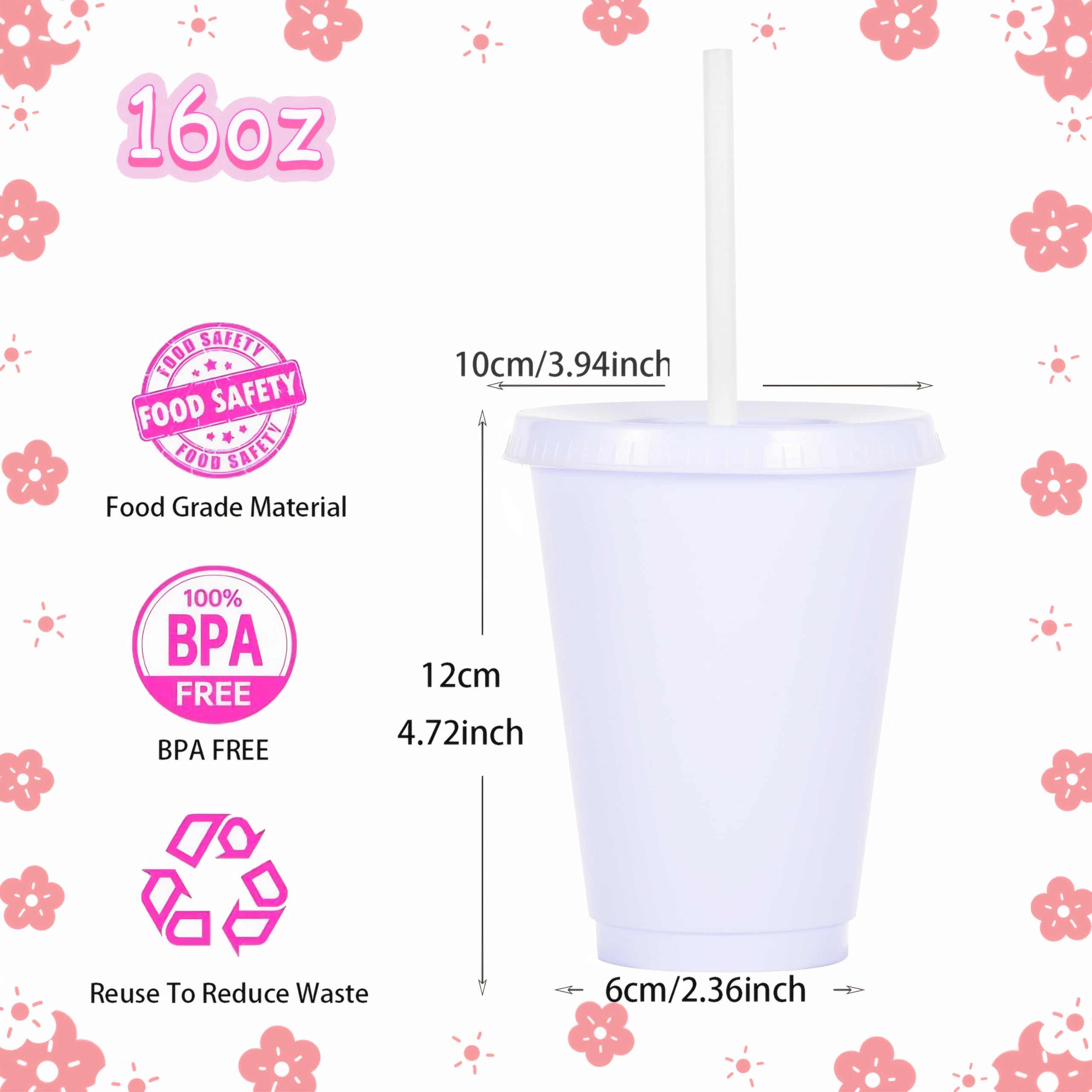 Lot de 15 gobelets pour enfants, avec couvercles et paille, en plastique, 486 ml, pour les fêtes, le camping, les voyages, blanc