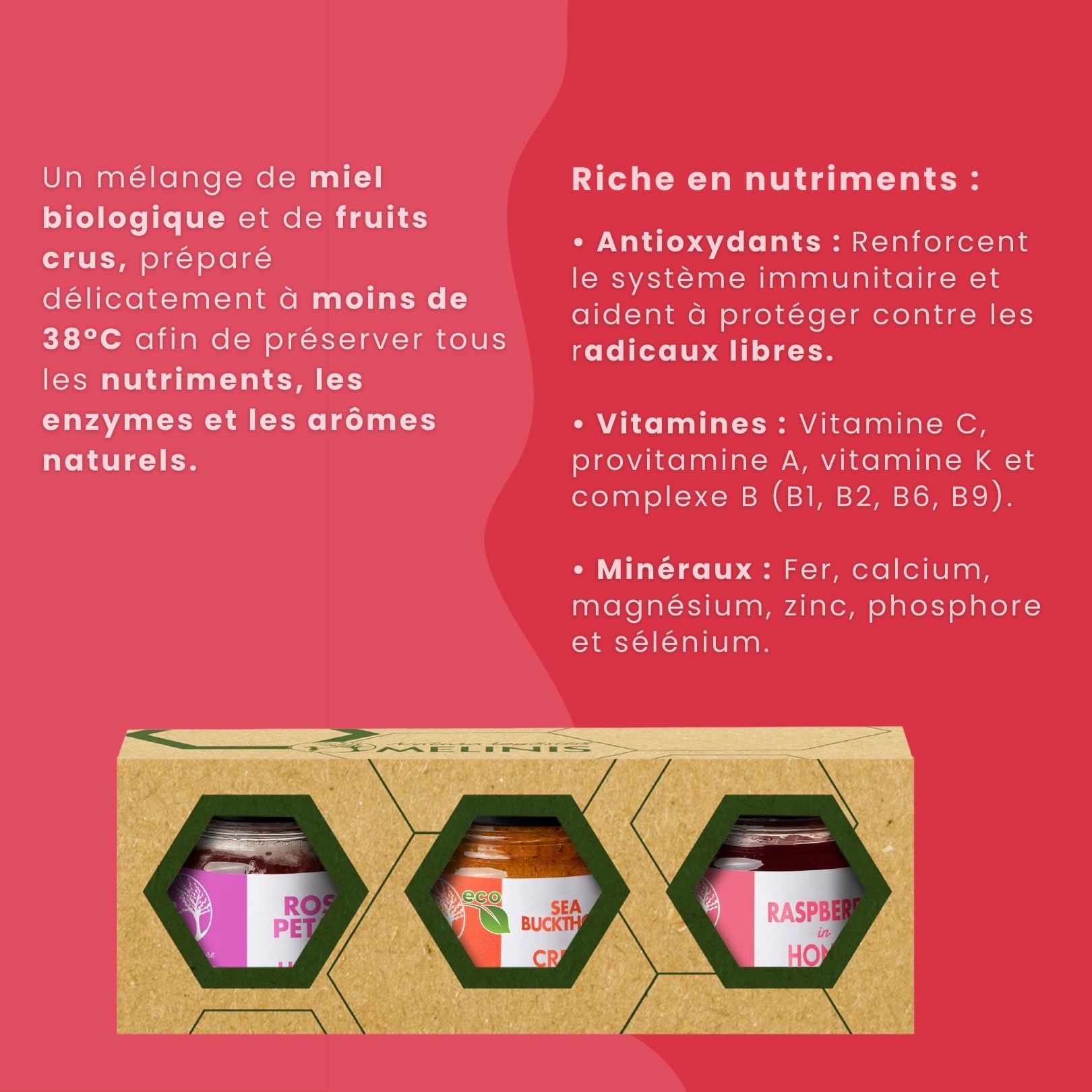 Coffret 3 × 40 g Crèmes de Miel Bio – Acacia à l’Argousier, à la Framboise et à la Rose – Sans Sucre Ajouté – Pour Petit-Déjeuner, Desserts ou Cadeau – Melinis