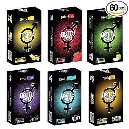 NOTTY BOY Mixed Family Pack Condoms - Extra Thin Banana, Green Apple, Strawberry, Dotted, Super Slim, Over Time - (6x10s)