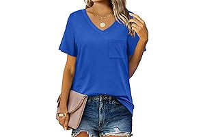 Womens T Shirts Short Sleeve V Neck Royal Blue Casual Summer Tops Tshirts with Pocket
