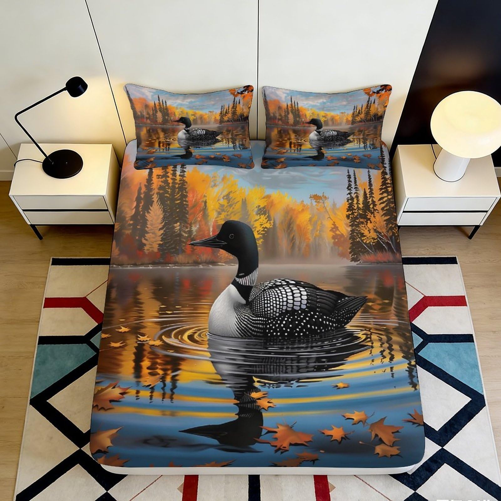 Pnayamiorkfel Style-9 3D Printed Autumn Lake Loon Fitted Sheet Microfiber Scenic Forest Bed Cover For Bedroom Decor Protection 90X200x25cm