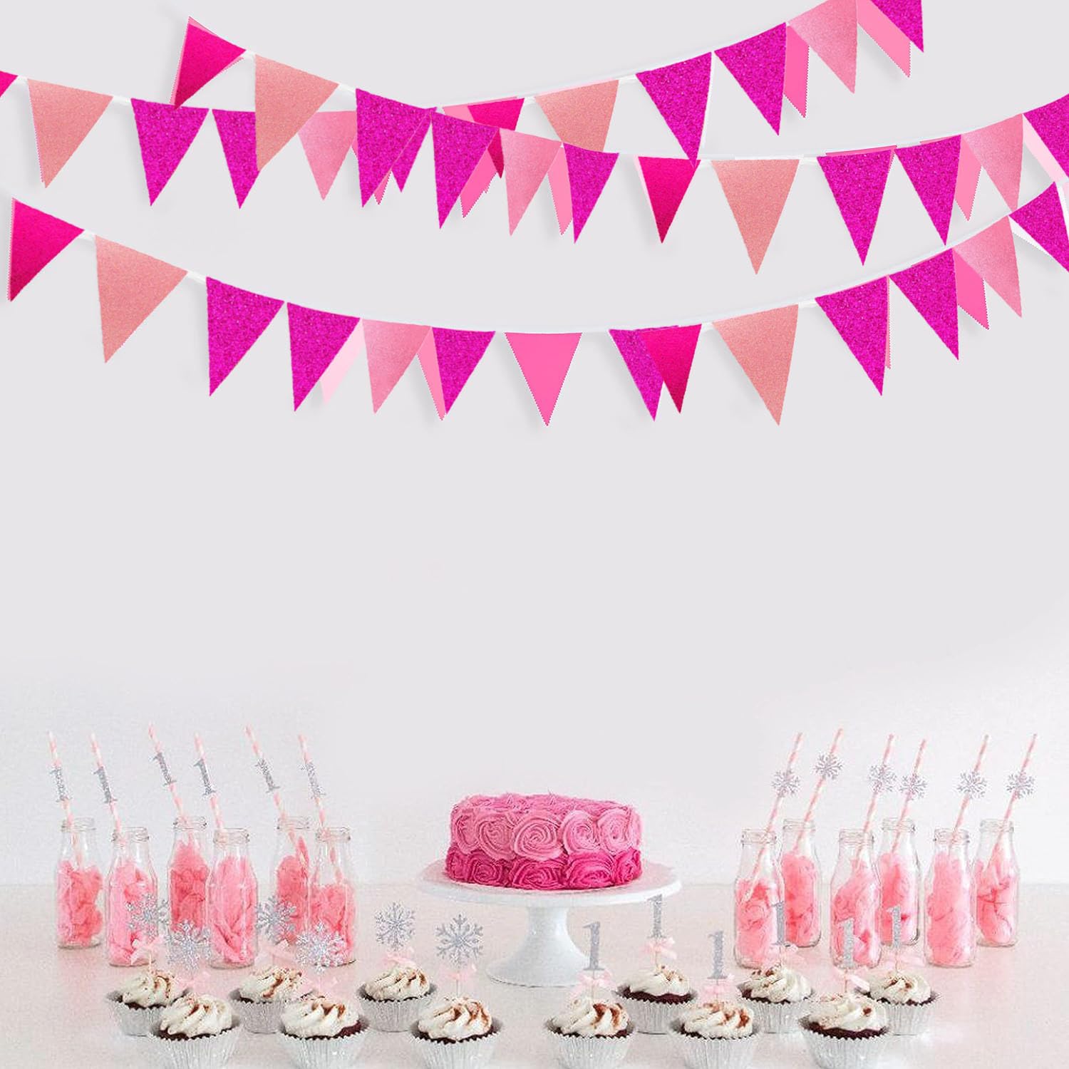 Hot Pink Glitter Pennant Banner - 48 Piece Triangle Flags For Party Decor