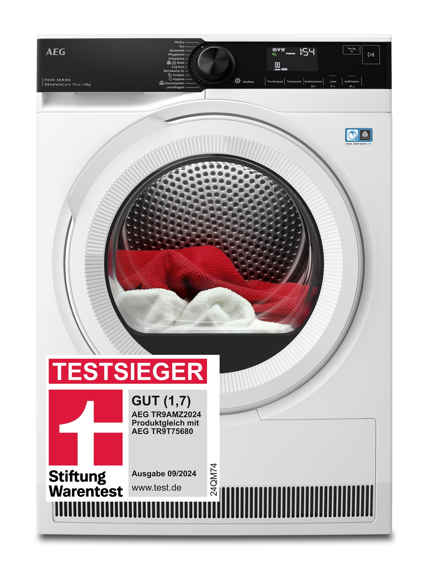 AEG Wärmepumpentrockner 8 kg, Testsieger der Stiftung Warentest, Serie 9000 AbsoluteCarePlus - Daunentrocknung, 3D-Scan Restfeuchteermittlung, C, Knitterschutz, Trommelbeleuchtung, TR9AMZ2024