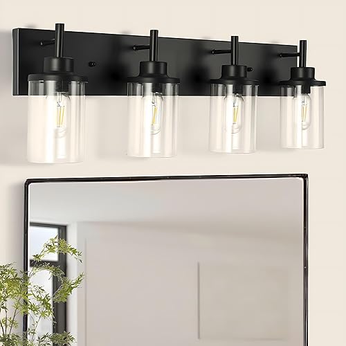 Lámparas de tocador, lámparas de baño negro mate sobre el espejo, lámpara moderna de apliques de pared con pantalla de vidrio transparente (4 luces)