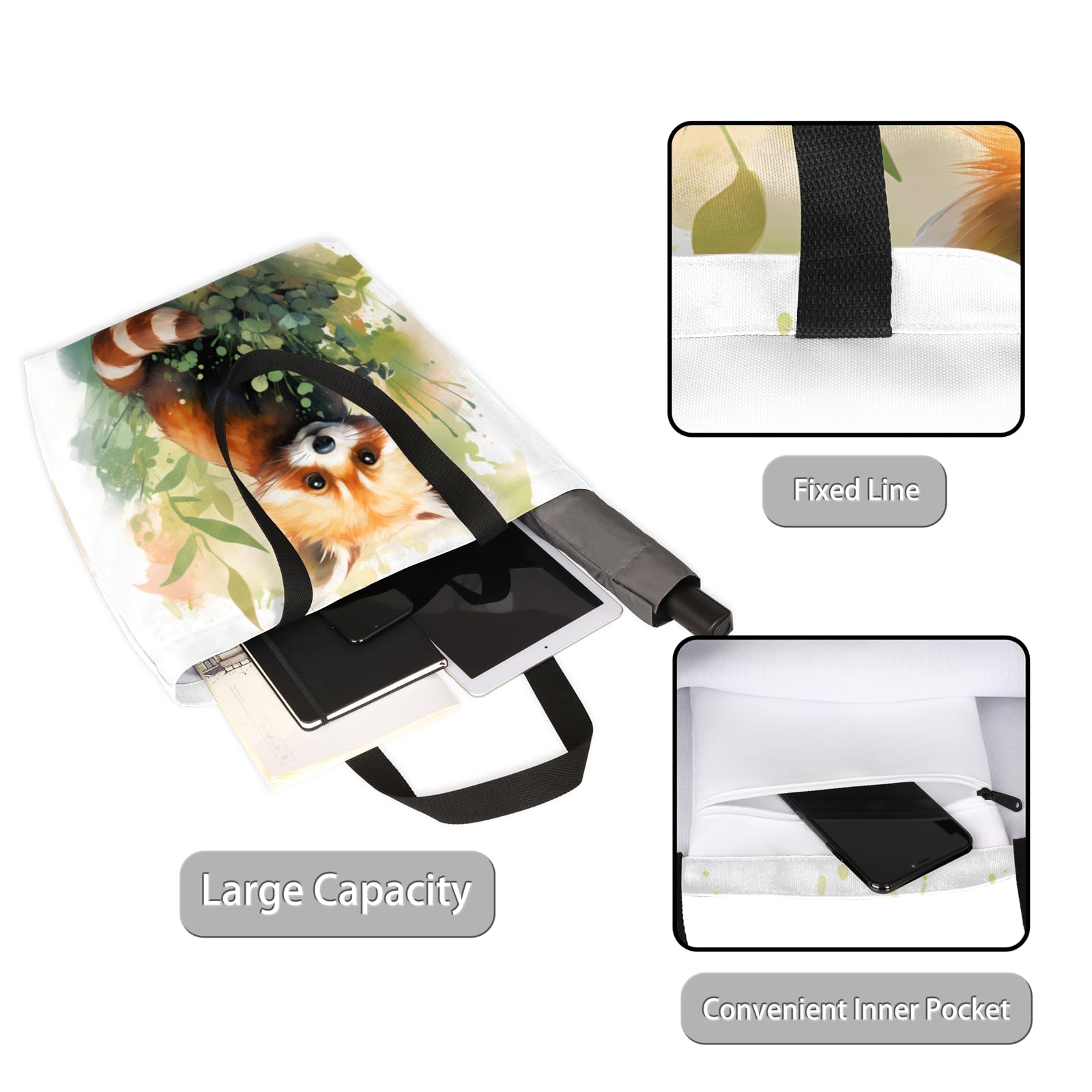 Mularoka Watercolour Raccoon Large Capacity Canvas Tote Bag Stylish Handheld Shoulder Bag Reusable Shopping Bag for Work Travel Beach Trips Shopping