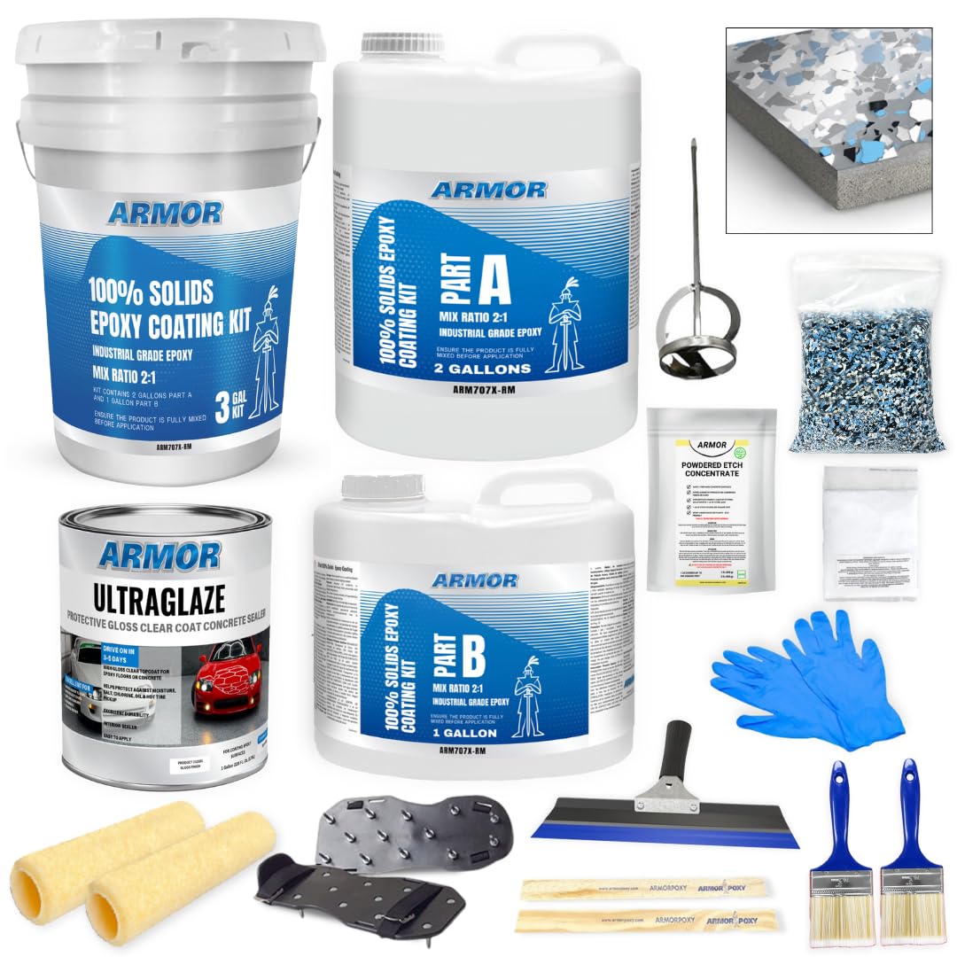 ArmorPoxy Garage Floor Epoxy Kit - 14-Pc 2 Part - 600 Sq Ft - MedGray, Industrial Epoxy Garage Floor Coating Kit - for Garage, Basements, Contractors, Automotive