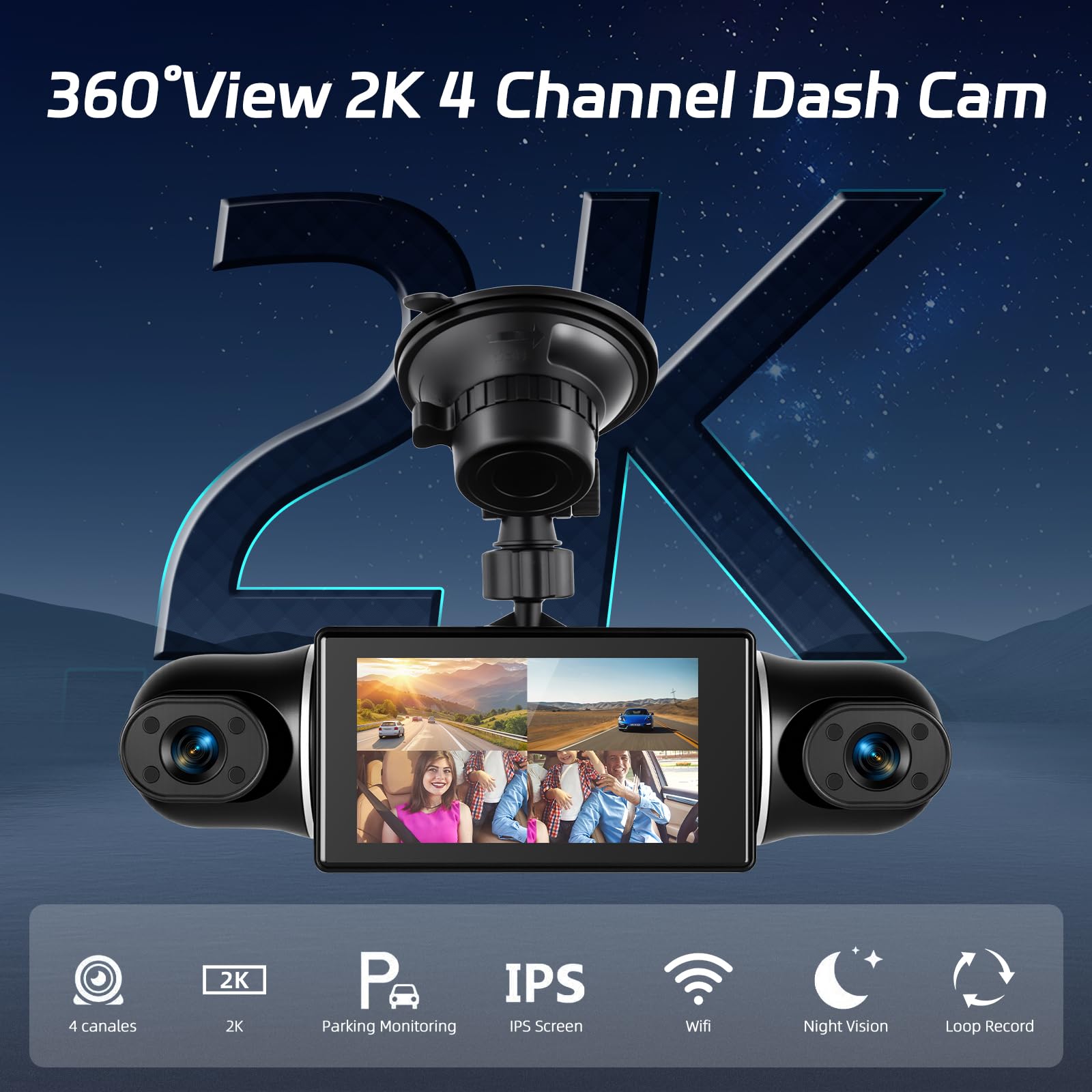 NHOPEEW Cámara para salpicadero 2K 360° de 4 Canales: cámara para Coche con Pantalla IPS de 3 Pulgadas, Sensor G, aplicación WiFi, visión Nocturna y Tarjeta de 64 GB