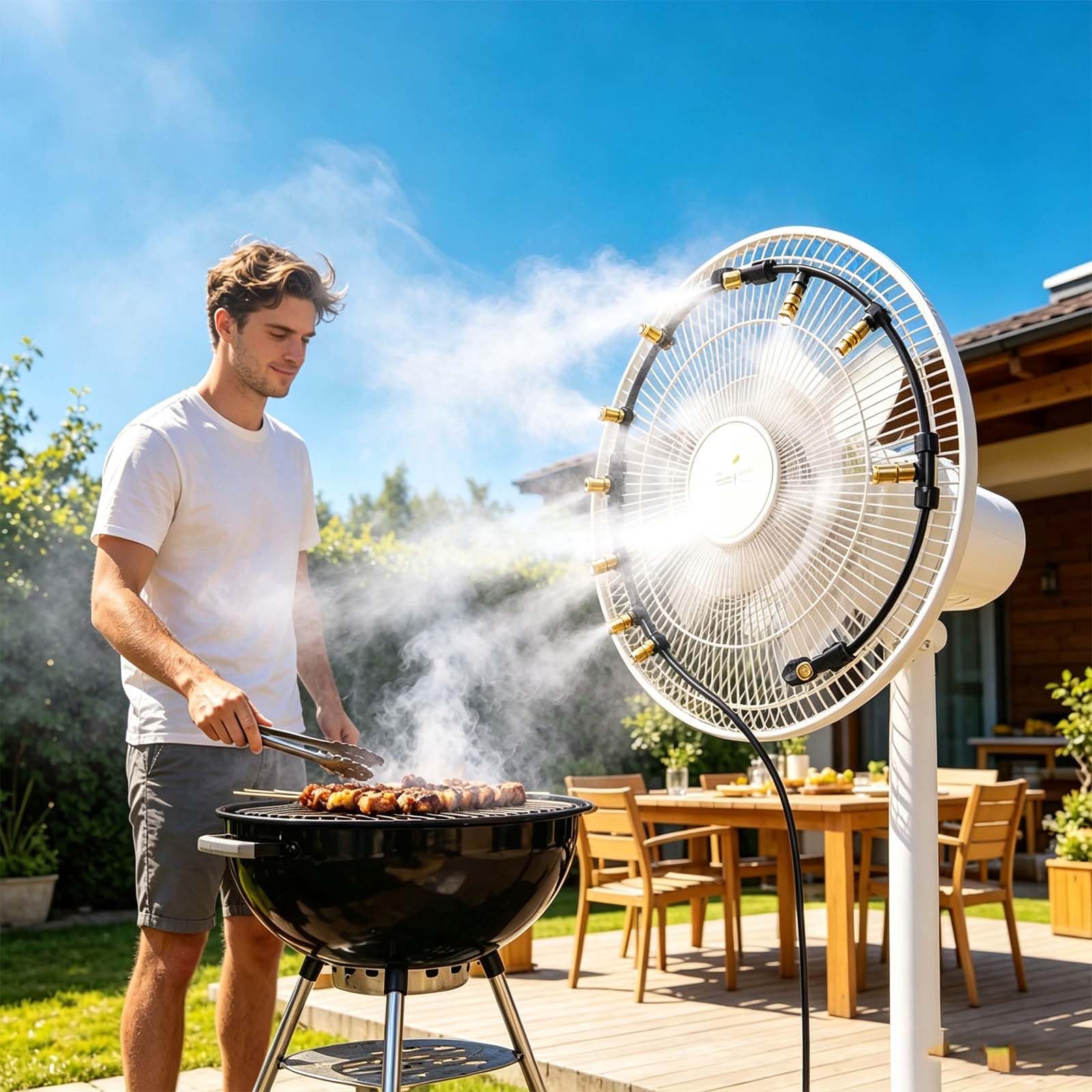 Sprühnebel Kühlung Gartennebel Kühl Bewässerungsanlage mit verstellbaren Messing Nebeldüsen und Wasserfilter, Außennebelanlage für Terrasse, Rasen, Gewächshaus und Sonnenschirm (20m)