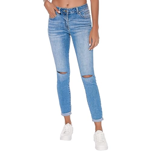 Resfeber Women's Ripped Boyfriend Jeans Stretch Distressed Jeans Capri Mom Jean with Hole