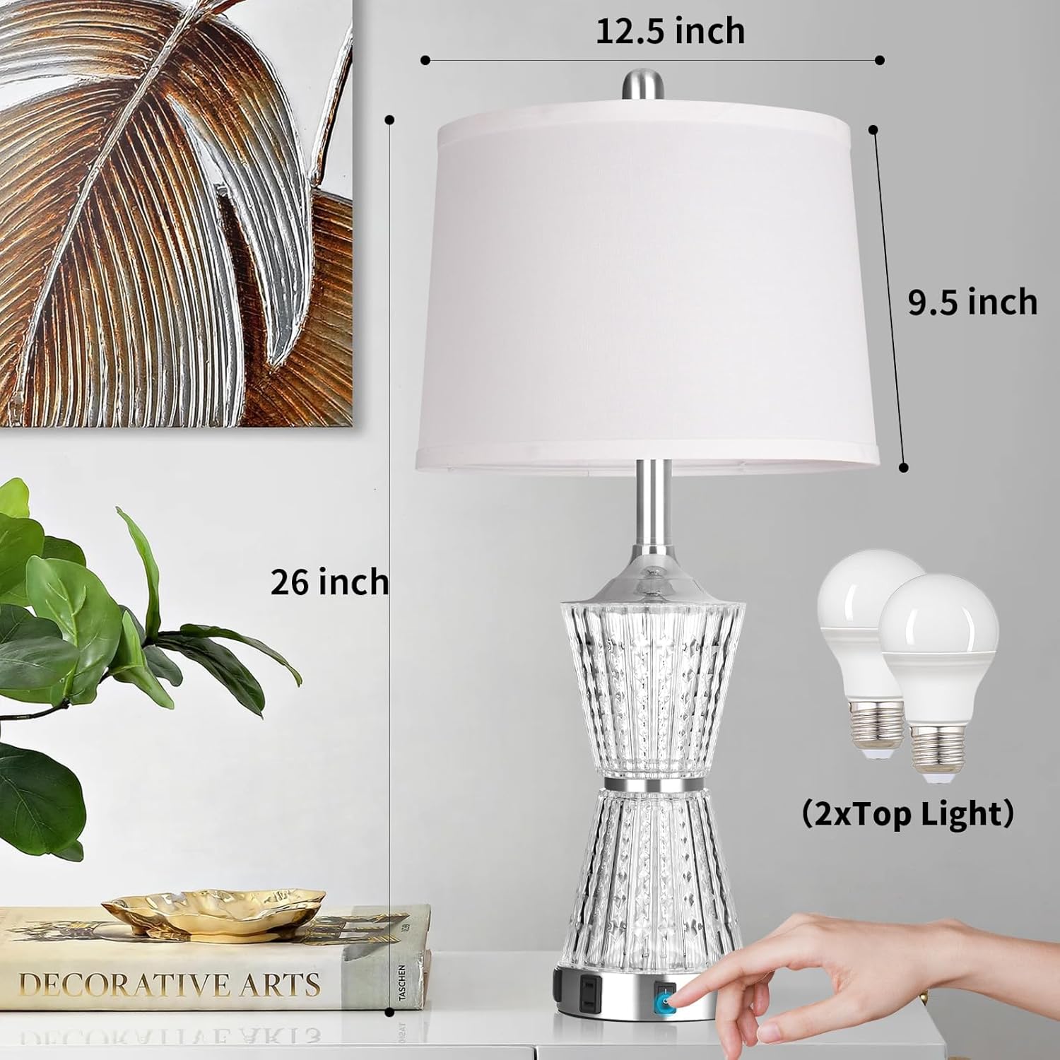 26" Modern Table Lamps, Set of 2 Table Lamp Night Light with 2 USB Charging Ports & AC Outlet, Bedside Nightstand Lamp White Shade for Living Room Bedroom Home Decor Silver(LED Bulbs Included)