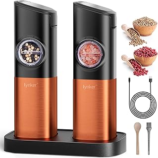 lynker Gravity Electric Salt and Pepper Grinder Set, Automatic Salt Pepper Mill Grinder with Rechargeable Base Spice Grinders, Adjustable Coarseness, Led Light, Dustproof Cover (Pack of 2 Copper)