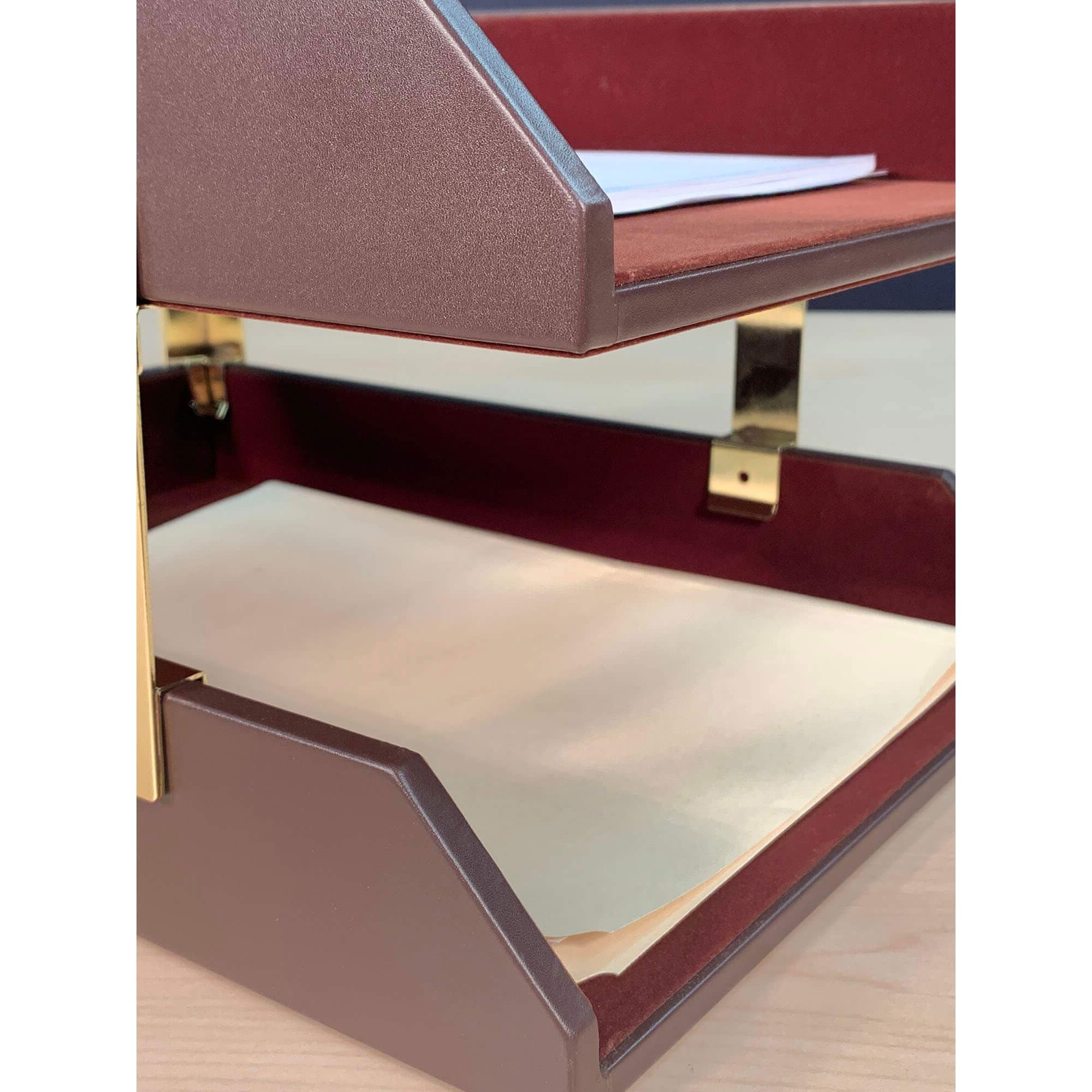 DACASSO Chocolate Brown Leather Front-Load Double Legal Size Letter Tray Set w/Gold Stacking Posts - Luxury Executive Decor and Office Essential - Desk Surface Protector