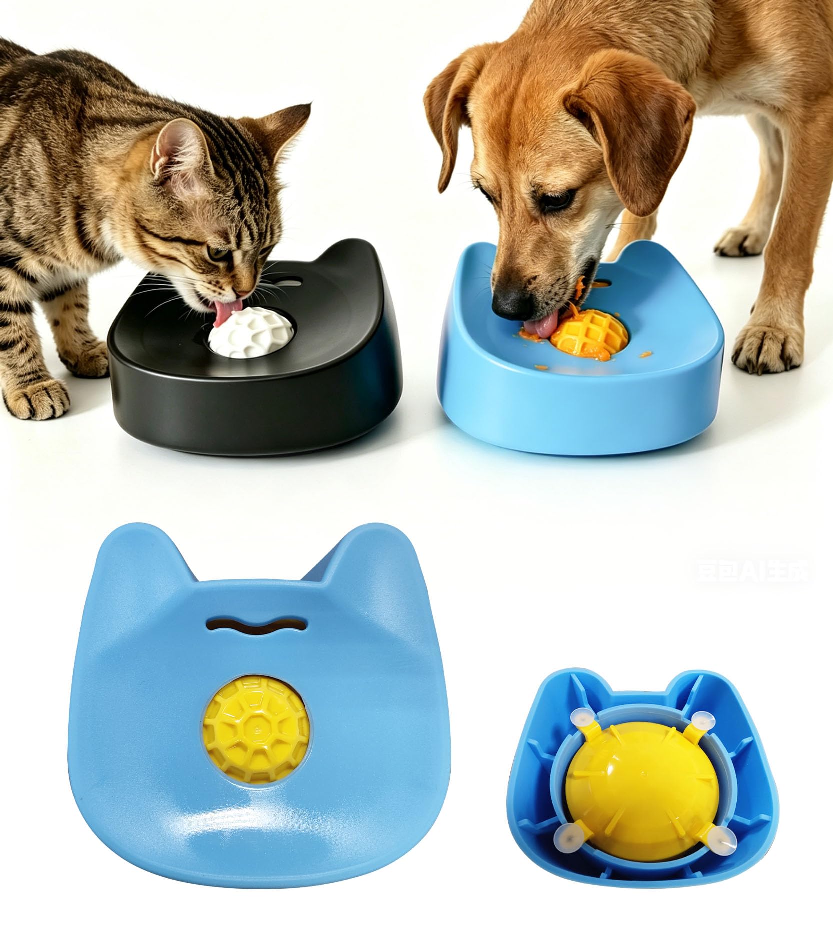 Dog Licking Bowl with Ball, Rolling Lick Feeder for Dog and Cat, Blue