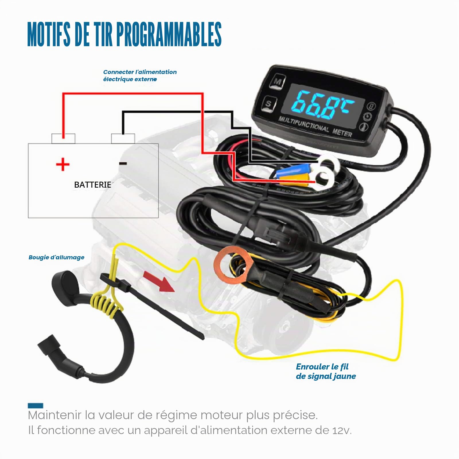 Runleader Compteur horaire LED numérique,affichage du régime et de la température,rappel de maintenance,fonctionnement à alimentation externe pour compresseur marin tondeuse-générateur
