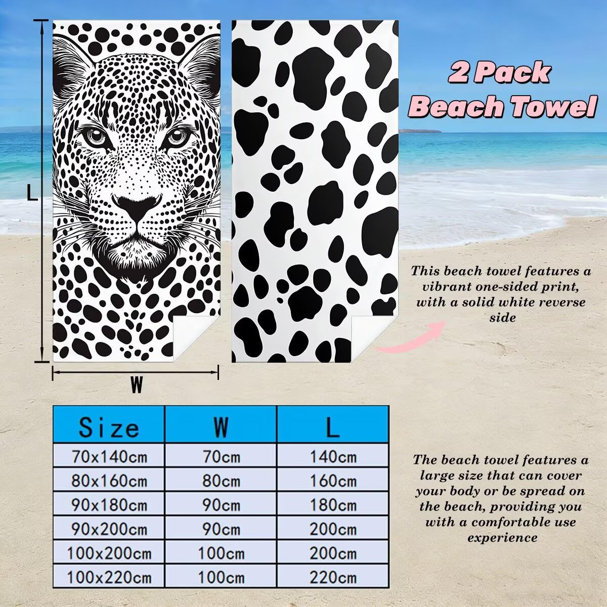 Juego de 2 Toalla Playa Grande 80x160 cm, Secado Rapido Toalla Microfibra Gimnasio, Antiarena Toallas de Playa Estampado de leopardo, Grande Ligera Toallas Microfibra Mujer Hombre para Viaje -4980
