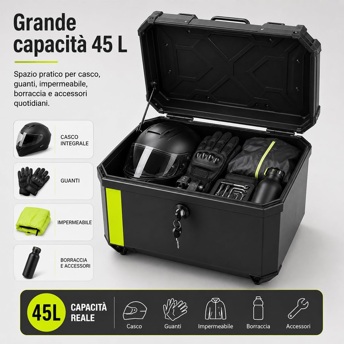 Bauletto posteriore scooter 45 L per casco integrale e accessori baule moto crema con piastra di montaggio fodera interna schienale e kit viti per tragitti urbani e viaggi brevi