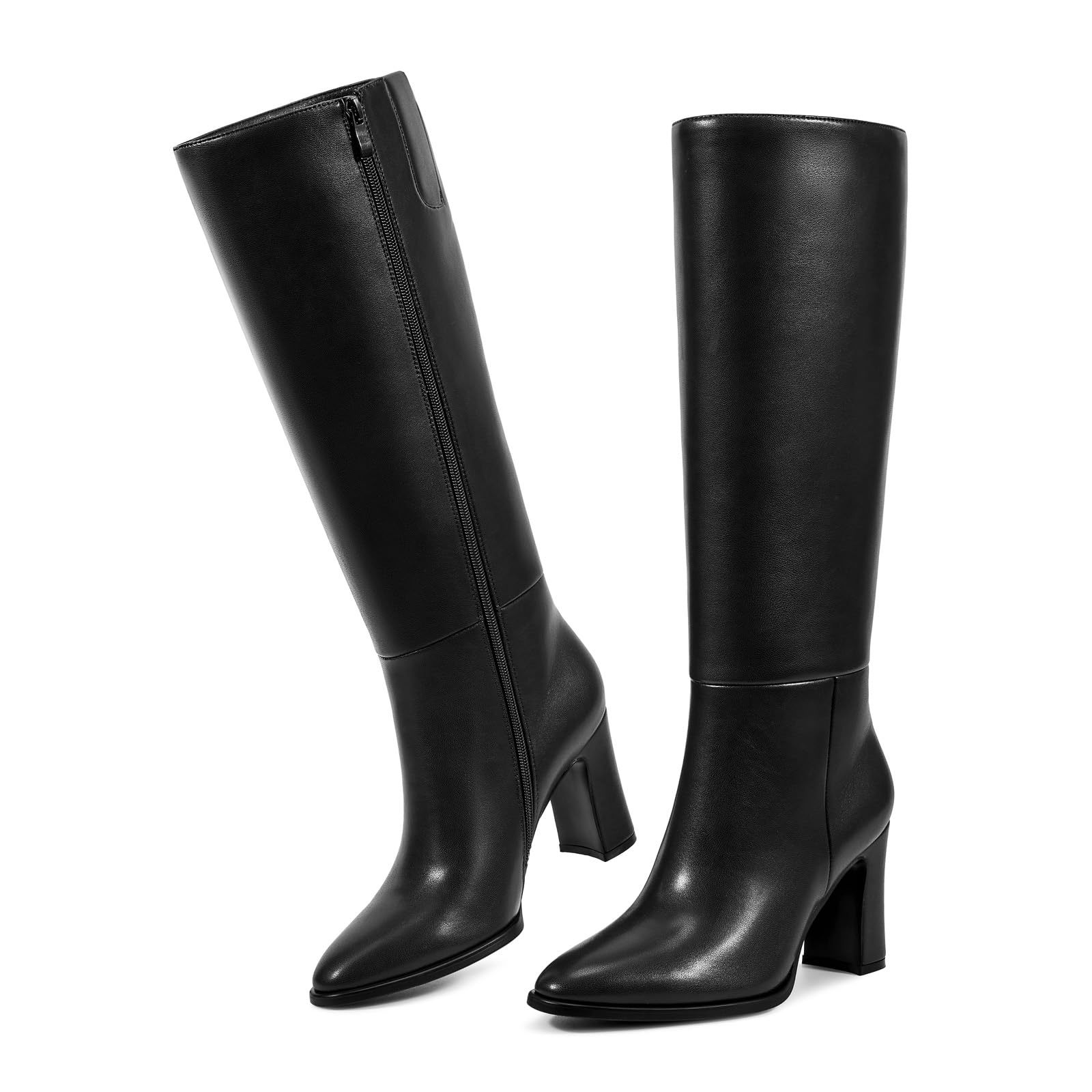 wetkiss Womens Knee High Boots Chunky Block Heel Tall Boots Knee High Square Toe Long Boot Mid Low