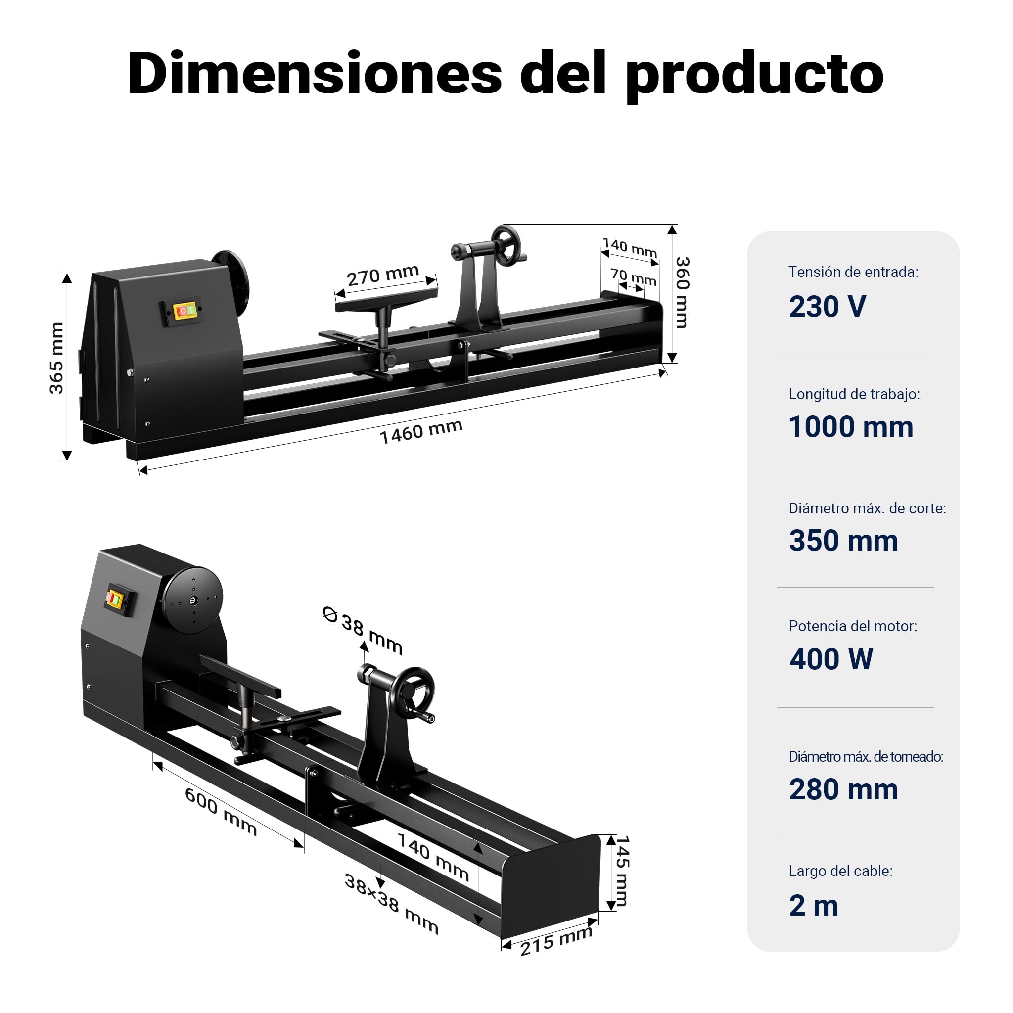 Torno madera eléctrico 400W Banco torneado regulable Máquina carpintería Banco trabajo carpintero