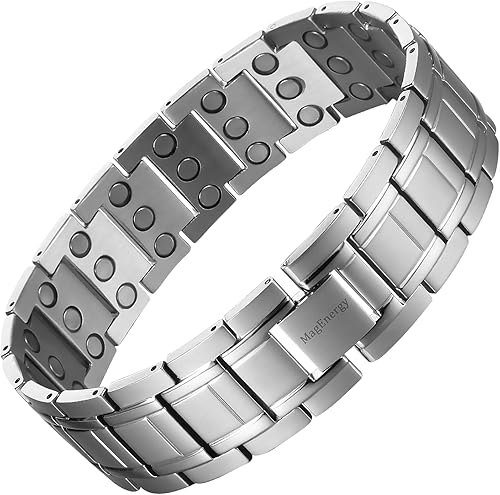 MagEnergy Pulsera magnética para hombre para el dolor, pulsera de terapia magnética con imanes de neodimio de 3 filas, pulsera de acero de titanio
