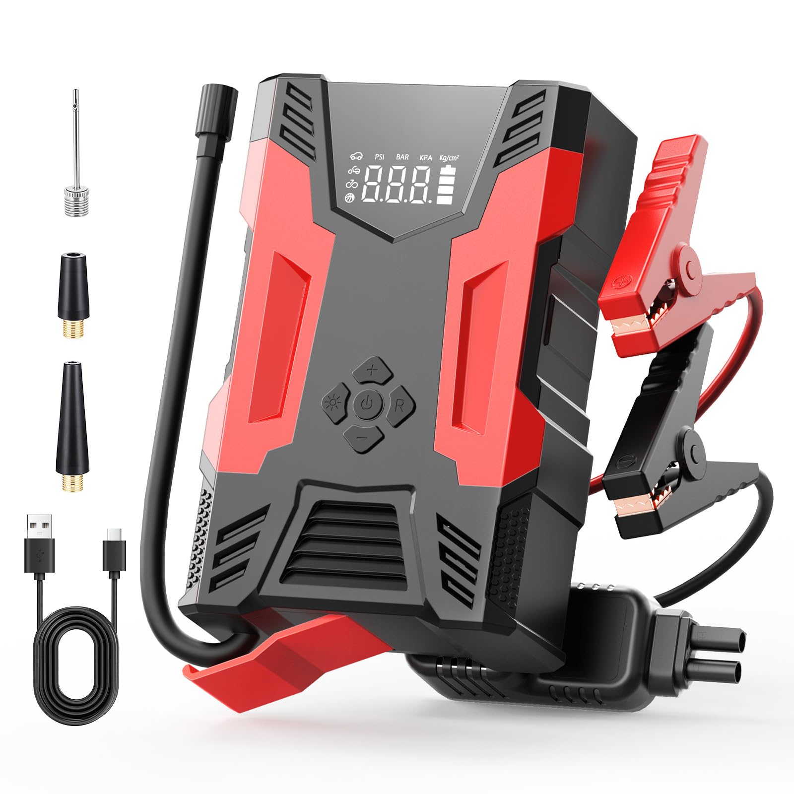 Jump Starter with Air Compressor, 4000A Car Battery Jump Starter (All Gas & 7.0L Diesel), 150PSI Tire Inflator Portable Jump Starter, 12V Battery Booster Jump Pack with LCD Display/LED Light/USB-C