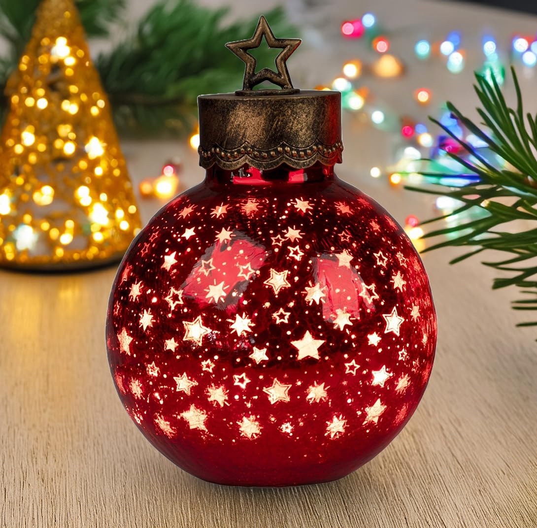 formano XXL LED Dekoracyjna kula 35 cm Gwiazdy Czerwone Szklana kula Timer 6h / 18h podświetlana - zasilana bateriami - dekoracja jesienna, zimowa, bożonarodzeniowa na stół, półkę, parapet
