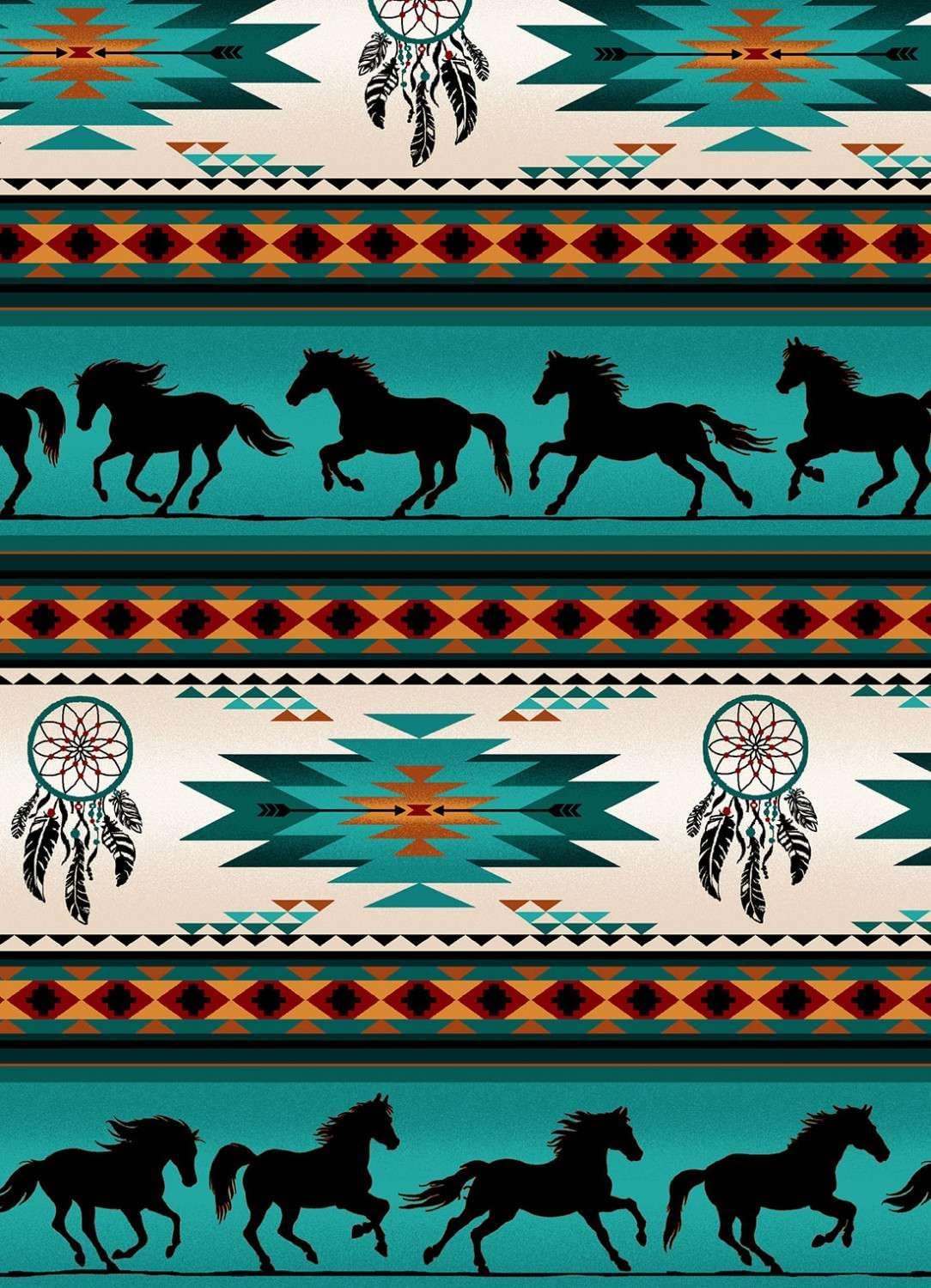 Tucson Dreamcatcher Horse Stripe Turquoise Elizabeth's Studio 43" Wide Cotton Fabric Sold by Yard