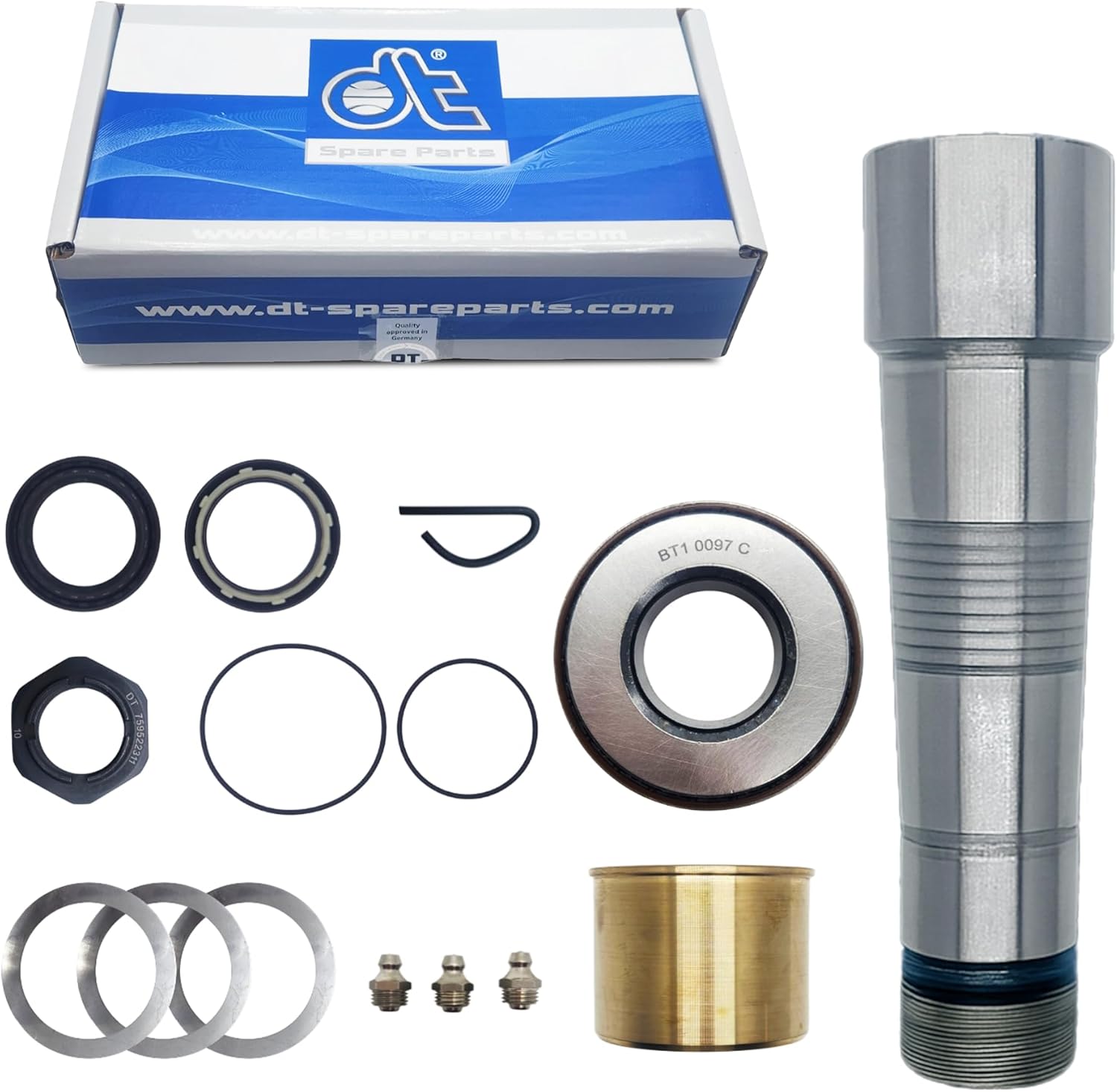 DT Parts Replacement for Volvo VNL King Pin | Replacement for Volvo VNL KingPin with Brass Bushing and Bearing | Part Number 85108338 | Compatible with King Ping Kit for Volvo VNL | Made in Germany