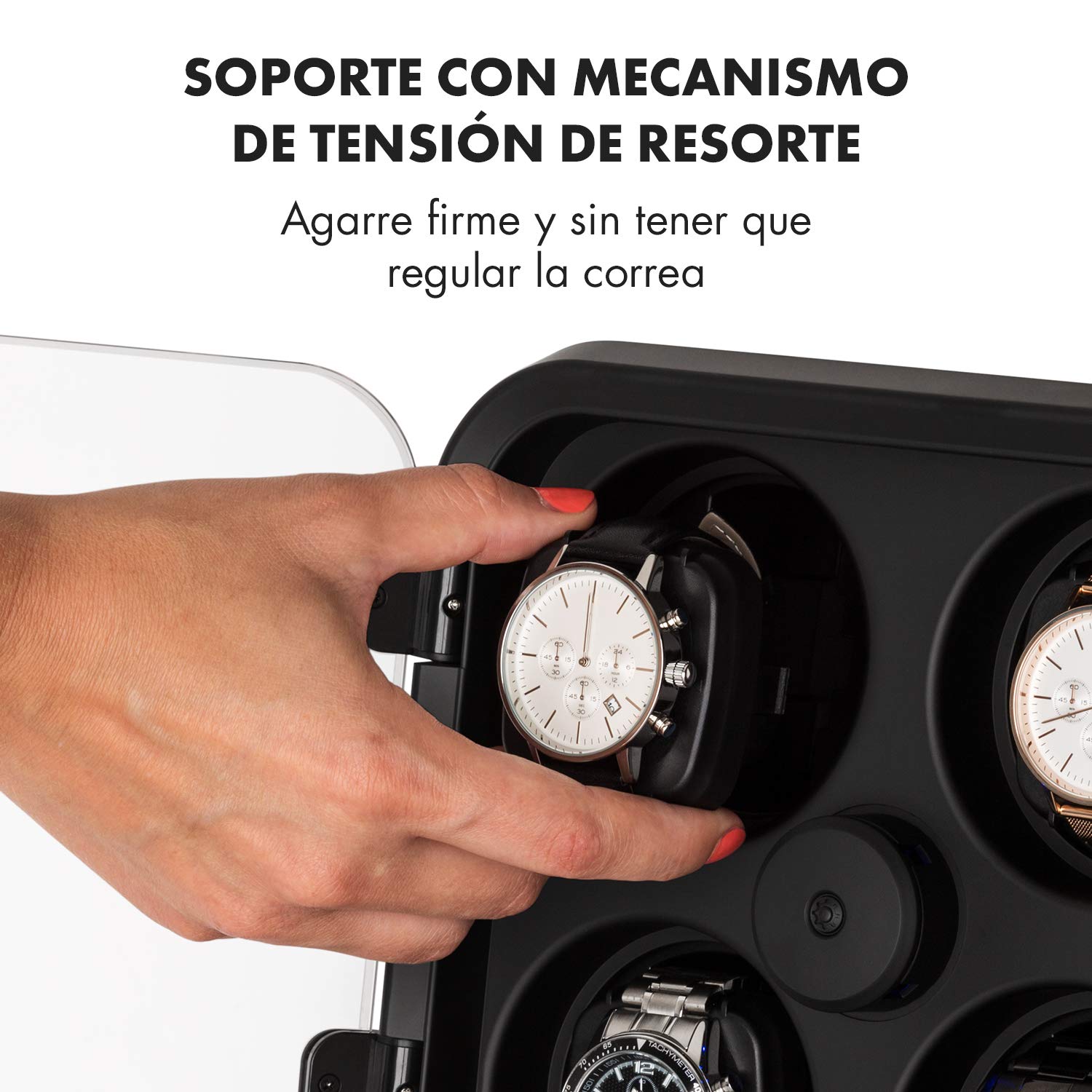 KLARSTEIN Caja Relojes Automáticos, Caja Giratoria Relojes 4 Compartimentos, Cajas para Relojes con Luz, Estuche para Reloj, 3 Velocidades de Rotación, Relojero con Cojines, Watch Winder, Negro